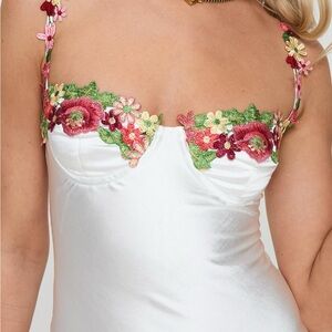 Floral Embroidered White Satin Chemise